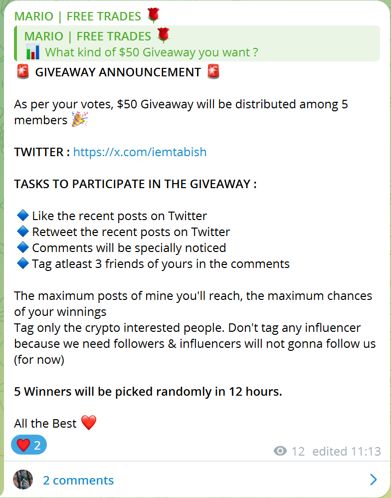 tradesofmario's tweet photo. 🚨 GIVEAWAY ANNOUNCEMENT 🚨

As per your votes, $50 Giveaway will be distributed among 5 members 🎉

TASKS TO PARTICIPATE IN THE GIVEAWAY :

🔹Like the recent posts on Twitter
🔹Retweet the recent posts on Twitter
🔹Comments will be specially noticed 
🔹Tag atleast 3 friends of yours in the comments 

The maximum posts of mine you'll reach, the maximum chances of your winnings

All the Best ❤️