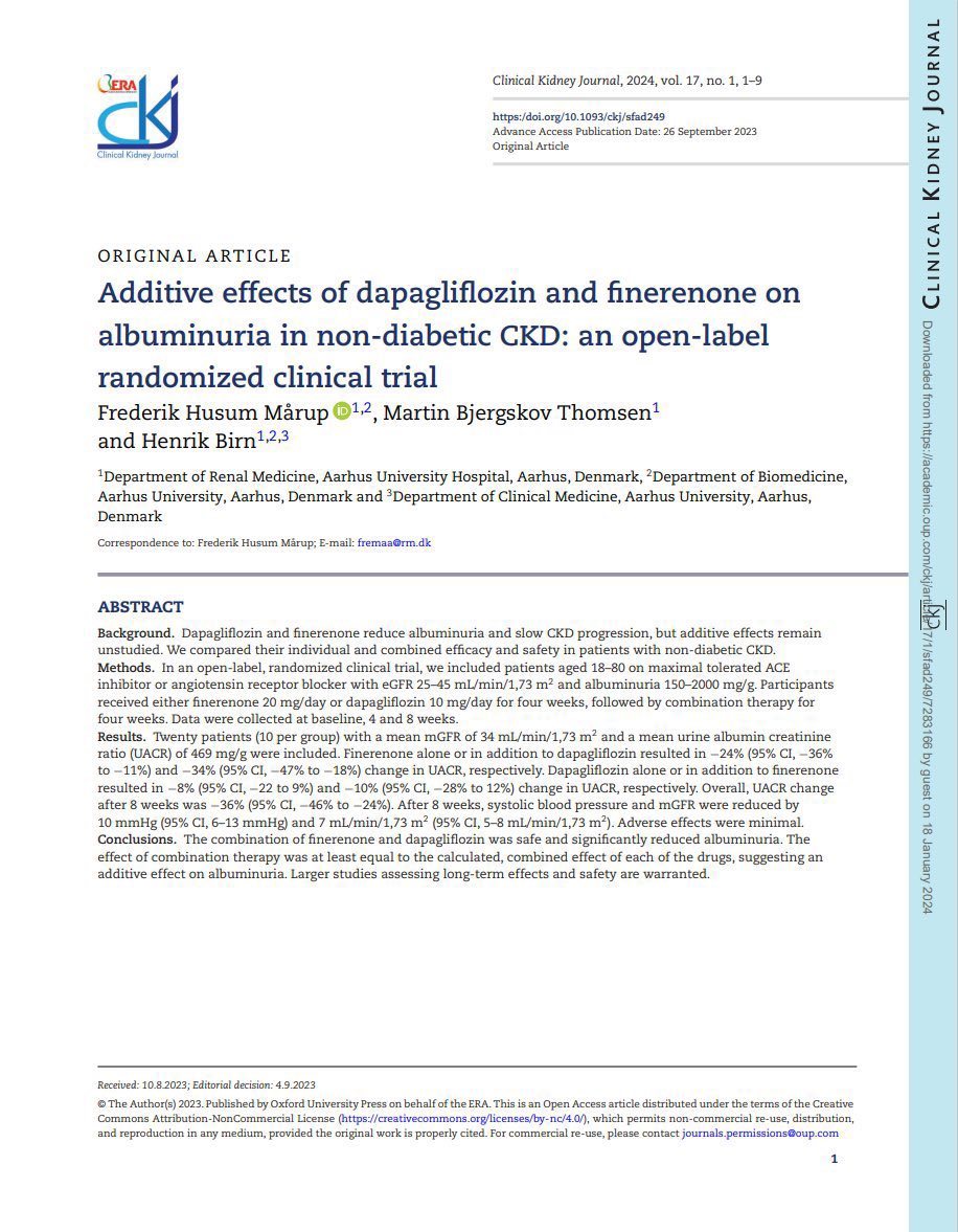 Additive effects of dapagliflozin and finerenone on albuminuria in “non-diabetic” CKD: an open-label randomized clinical trial ca. 2024 from <a href="/CKJsocial/">CKJ</a> #Nephpearls #Cardiorenal

👉🏼 pubmed.ncbi.nlm.nih.gov/38186886/