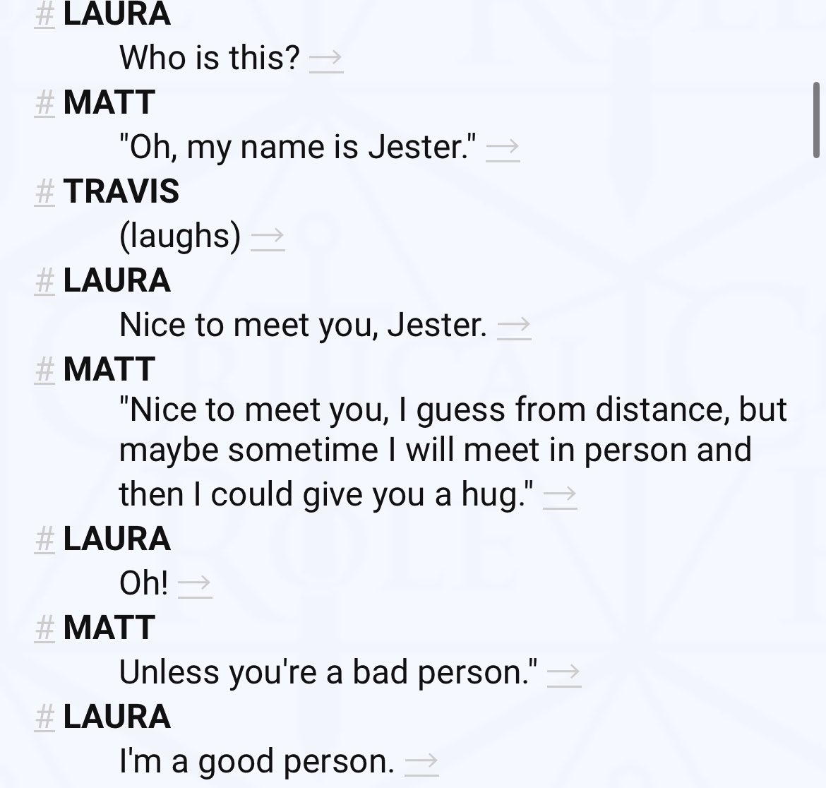 Of all the things that happened. I need it to be confirmed. Does Jester give Imogen a hug? And if not, I need it to be explicitly stated in canon next week. She said she would give her a hug. Please <a href="/LauraBaileyVO/">Laura Bailey</a>  #CriticalRole #CriticalRoleSpoilers