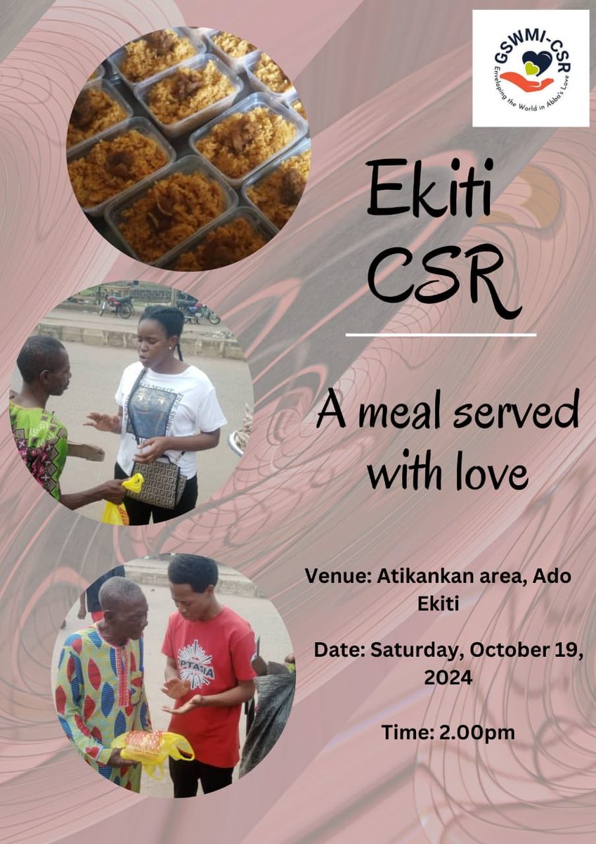 gswmicsr65760's tweet photo. Everybody Come Out Ooooo!

We are doing what we know to do best and we are inviting you to come be a part of it.

Join us if you’re in Ekiti, tomorrow.
#christiansocialresponsibility 
#feedingthehungry
#gswmi https://t.co/6OVjRdvZlA