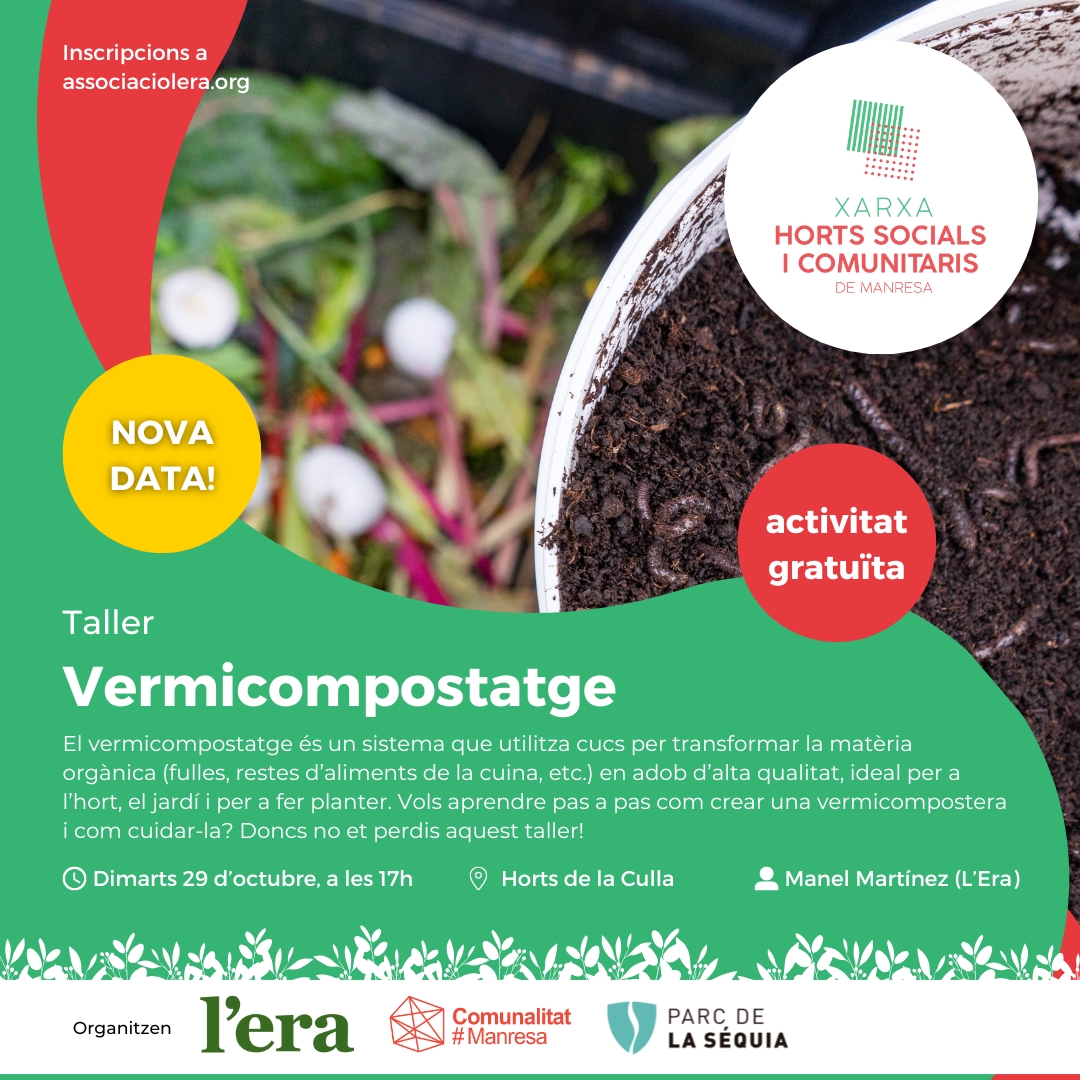 associaciolera's tweet photo. T'agradaria fer compost amb cucs i aprofitar els residus orgànics de casa teva? 🍂🐛 Inscriu-te al taller gratuït de vermicompostatge el pròxim 29 d'octubre a les 17h als Horts de la Culla! 🌱

🔗 Més info a la nostra bio!

#Compostatge #Agroecologia #TallerGratuït https://t.co/dHK7pf0RqX