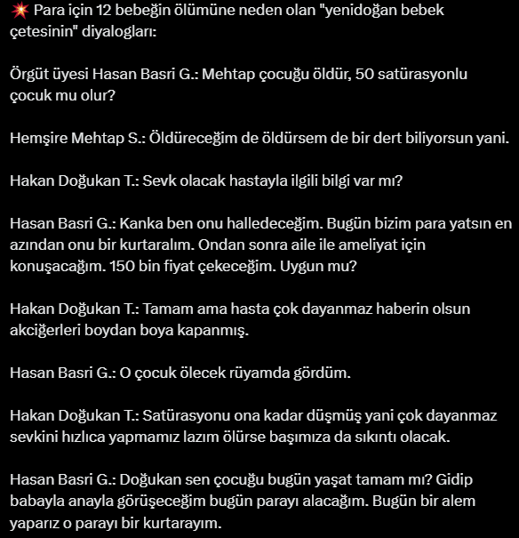drkaanyl's tweet photo. Çok eskiden üniversite yıllarımda harçlık kazanayım diyerek ismi lazım değil bir ambulans firmasında alarm/arama merkezinde çalışmaya başlamıştım. Bizleri sahayı görelim diye 3 gün ambulans rotasyonuna yolladılar. İsmi lazım değil büyük bir özel hastaneden çağrı geldi. Kafa travması sonucu yoğun bakımdan bir çocuk ismi lazım değil bir üniversite hastanesine transfer edilecekti. Başımıza ne gelecek bilmeden gittik, park ettik, ambulans hekimi ile birlikte  yukarı çıktık doktoru arıyoruz yok! Supervizör bize çocuğu gösterdi, alın gidin dedi, dedik hekimi nerede, kem küm o yok çıktı dedi bize! Bizim hekim, çocuğun hekimi de sorumlu olarak gelirse ancak taşıyabiliriz çünkü ambulans ile taşınması kontraendike/ tehlikeli olacak bir vakaydı, 2 günde 2-3 kez solunum arest geçirmiş, kalbi durmuş bir çocuktu, durumu stabil de değildi, gidip geliyordu bilinci kapalıydı! Taşıyamayız taşırken ölebilir, durumu stabil olmalı dedi hekimimiz ve çıktık! Aramızda durumu da anladık, 2 gündür çocuğu beyin cerrahı olmayan bir yerde sadece yoğun bakımda yatsın diye tutmuşlar ve nakil etmemişler! Çocuğun durumu bozulunca ve aile aşiret çıkınca apar topar kurtulmak için üniversite hastanesine yollamak için de bizi aramışlar! Neyse biz bahçeye çıktık döneceğiz, aşiret olan aileye ambulans sizi taşımıyor demiş süpervizör! Bir çıktık 50 kişi üzerimize yürüyor biz de kelamımızı anlatıyoruz ama ne fayda! Baba tabanca arıyor amca saldırıyor, kendimizi arabaya kilitledik! Güvenlik, polisi bekliyor müdahale edemiyor, adamlar arabayı tekmeliyorlar! Derken dedik olacak gibi değil taşımak zorundayız ve apar topar çocuğu aldık taşıdık, yolda tahmin ettiğimiz gibi kısa süreli arest oldu, hekimimiz döndürdü derken hastaneye teslim ettik sağ salim! Ölseydi bize ne olurdu bilmiyorum! 
Demem o ki çivimiz ahlak gidince çoktan çıkmıştı, bu yaşanan durum da ilk kez değildir, tekrar tekrar yaşanmış bir durumdur belkide! Kim bilir kaç bebek bu caniler tarafından öldürüldü!
Allah belanızı versin demek fayda etmiyor, adalet, hukuk gerekiyor! Bu ülkenin insanının vicdanına hiç bir şey bırakılamaz çünkü vicdan zayıf! Sert ve caydırıcı kanunlar gerekiyor nokta!