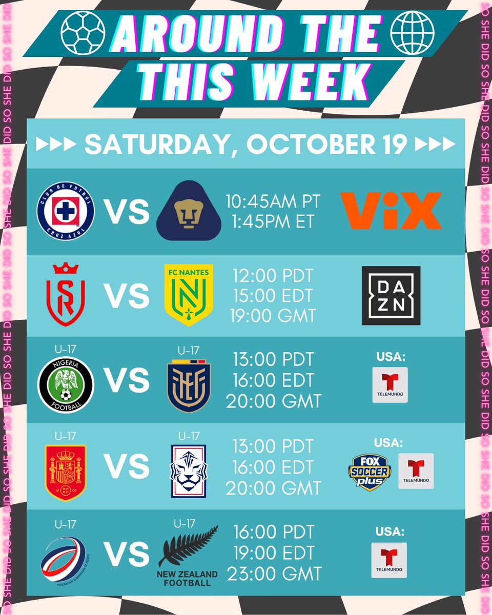 SoShxDid's tweet photo. 😎 Are you ready for the weekend? Check out SAFF Cup, @DFB_Frauen, @LFFPofficielle, @nwsl, @WE_League_INTL, @BarclaysWSL, @LigaF_oficial, @LigaBBVAMX, U-17 @FIFAWWC, &amp; @USLSuperLeague!

🏳️‍⚧️🏳️‍🌈🇸🇦🇩🇪🇫🇷🇺🇸🇯🇵🏴󠁧󠁢󠁥󠁮󠁧󠁿🇪🇸🇲🇽🇳🇬🇪🇨🇰🇷🇨🇷🇳🇿🇨🇴🍉♥️✊🇱🇧

🌍See U-17 Women's World Cup on FIFA+ abroad https://t.co/whtObpRbo3