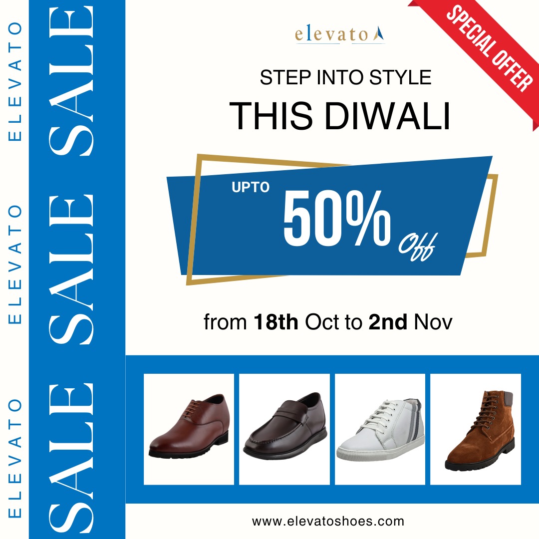 ElevatoShoes's tweet photo. Step into style this Diwali with Elevato! ✨ Enjoy up to 50% off on our stylish collection of height-increasing shoes. Don't miss out—offer valid from 18th Oct to 2nd Nov! 

Shop now- https://t.co/sN6YzCJXRF

#ElevatoShoes #DiwaliSale #diwalisale #DiwaliSale2024 #diwalisales https://t.co/n1YI1h4mc6