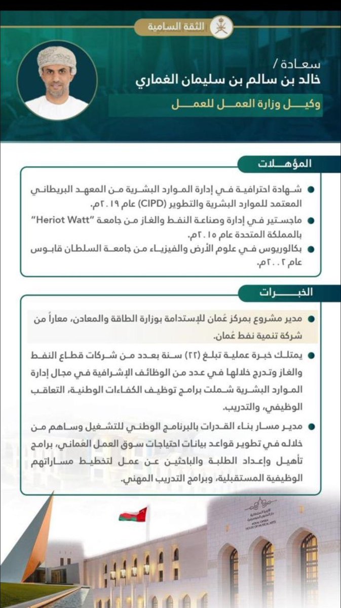 الف الف مبروووك 
نبارك للمهندس سعادة خالد الغماري 
من أبناء ولاية قريات 
الثقة السامية بتعيينه وكيلا لوزارة العمل