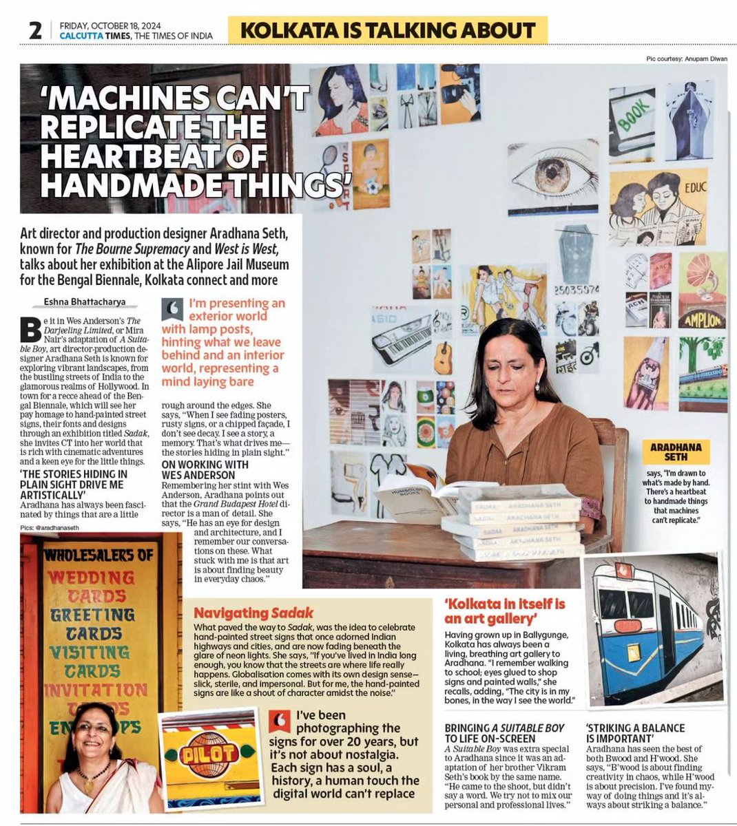 Calcutta_Times's tweet photo. From #TheDarjeelingLimited to #ASuitableBoy, #AradhanaSeth has been captivating audiences with her distinctive artistic vision. In an exclusive talk with CT, she reveals how these vibrant narratives will influence her forthcoming installation at the #BengalBiennale and more ... https://t.co/VI1bng0dhD