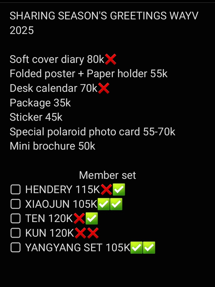 xiaodejunii's tweet image. WTS | SHARING SEASON GREETING WAYV 2025 ktown4u / smstore
DP BEBAS&amp;lt;3

📍depok-jakarta
☆trusted, ada testi tahun tahun sebelumnya
☆dapet fribis jamet:p
☆take pair dapet disc
☆ diusahakan dapet pc bene jika ada😆

t. sg25 kun ten hendery xiaojun yangyang set