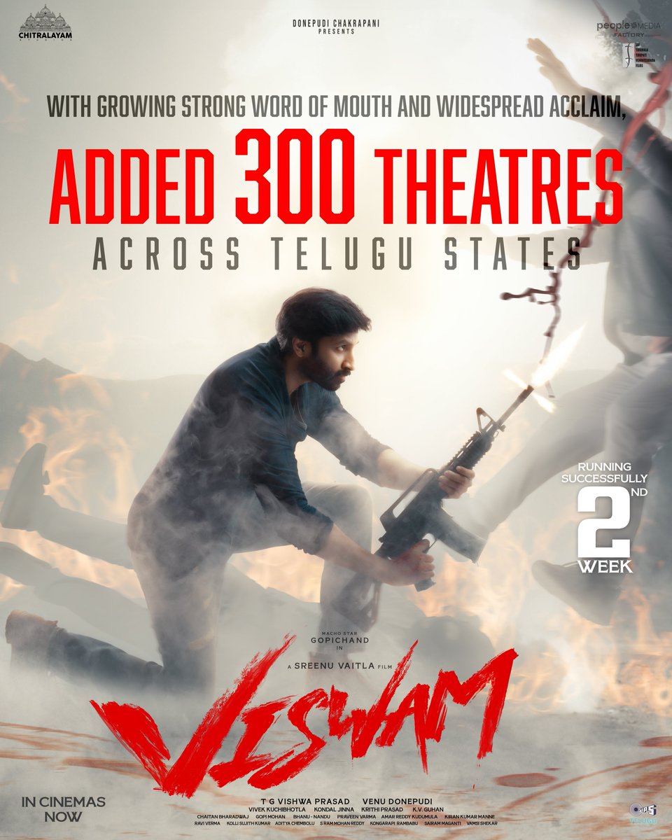 Due to overwhelming public demand and terrific word of mouth for #Viswam, added 300 additional theatres across Telugu states. 💥💥

#DussehraBlockbusterViswam running successfully in cinemas near you✨
🎟️ linktr.ee/ViswamTickets 

Macho Star <a href="/YoursGopichand/">Gopichand</a> <a href="/SreenuVaitla/">Sreenu Vaitla</a>
