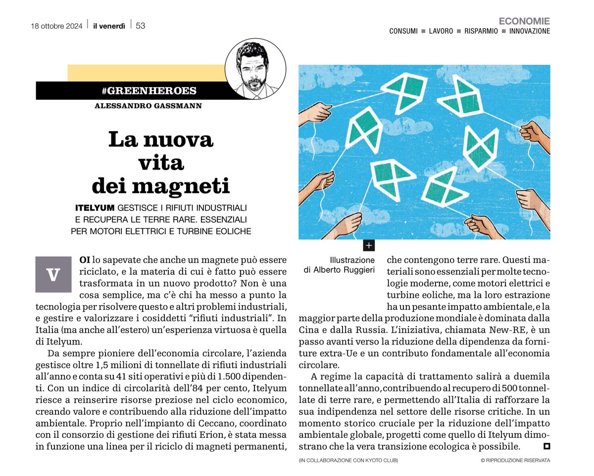 OperosiPerosi's tweet photo. genio raro ed Italiano 🇮🇹 con @Itelyum ad estrarre #TerreRare dai #magneti . Nelle pagine di #Repubblica @GreenHeroesKC @Kyoto_Club di @GassmanGassmann https://t.co/xr2xVv6nMw