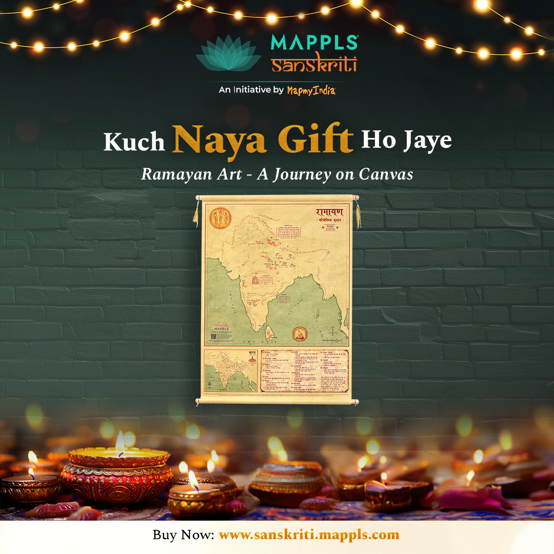 This Diwali, decorate your walls with our exquisite collection of Cultural #Art &amp; #Maps, Ramayan Art - A Journey on Canvas.
Buy now: sanskriti.mappls.com

#MapplsSanskriti #diwalipick #Diwali2024 #indianfestival #giftideas #decoration