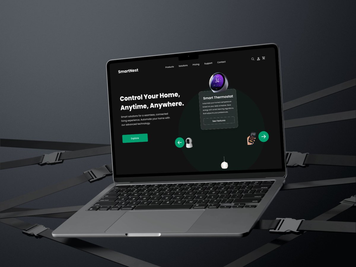 iam_tosin_'s tweet image. Day 9 of my 30day animation challenge!  Today I designed a sleek, dark-mode hero section for a home automation brand, SmartNest. The interactive product carousel and smooth animations make exploring smart home products seamless and fun. #UIDesign #WebAnimation 
#alphckr 
#alphckc