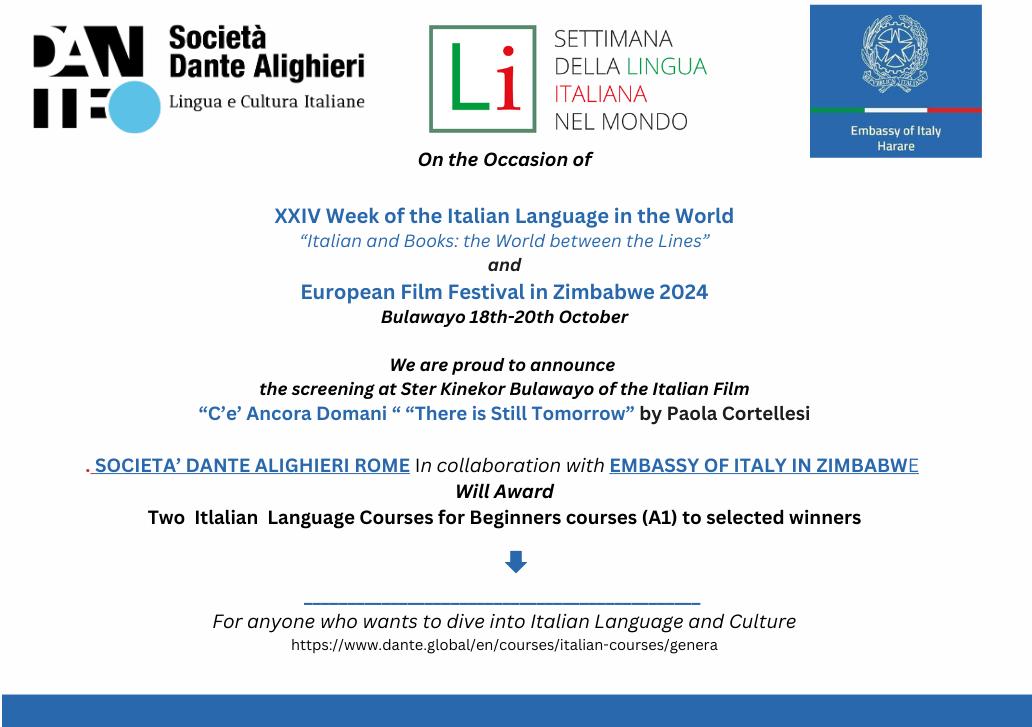 ItalyinZimbabwe's tweet photo. 📢Don't miss this opportunity to enjoy the #EuroFilmFestivalZW 🇪🇺🇿🇼 in #Bulawayo
Lineup starts today with a special 🇮🇹 feature. #SaveTheDate 🗓️18th Oct. 19:00hrs
See👇for more information
Great work @euinzim & @EuroFilmFestZW team !
#euinzim #EUWithU #SilaniTinemi #SLIM24 https://t.co/41RF8W6g9H