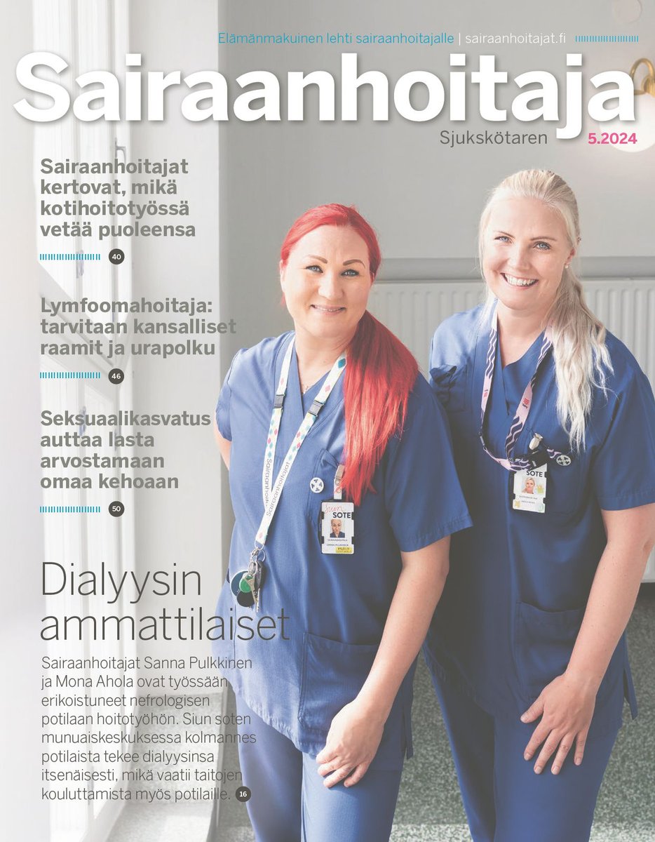 Sairaanhoitaja-lehti (@sh_lehti) on Twitter photo Lehti 5/2024 ilmestyi printtinä! Aiheina mm. sairaanhoitajien työ <a href="/siunsote/">Pohjois-Karjalan hyvinvointialue – Siun sote</a>’n munuaiskeskuksessa, moniammatillinen kesäkoulu @Pihlajalinna, kotihoitotyö, seksuaalikasvatus <a href="/pelastakaalapse/">Pelastakaa Lapset</a>, tutkittua tietoa @HotusFI ja uusi Lääkelaskukortti <a href="/Sairaanhoitajat/">Sairaanhoitajat</a>.
📷 Riikka Hurri
1/2 Lehti 5/2024 ilmestyi printtinä! Aiheina mm. sairaanhoitajien työ <a href="/siunsote/">Pohjois-Karjalan hyvinvointialue – Siun sote</a>’n munuaiskeskuksessa, moniammatillinen kesäkoulu @Pihlajalinna, kotihoitotyö, seksuaalikasvatus <a href="/pelastakaalapse/">Pelastakaa Lapset</a>, tutkittua tietoa @HotusFI ja uusi Lääkelaskukortti <a href="/Sairaanhoitajat/">Sairaanhoitajat</a>.
📷 Riikka Hurri
1/2
