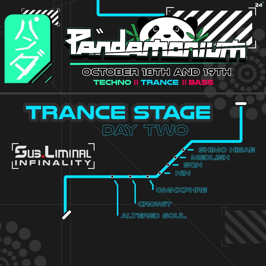 Now Annoucing: Pandamonium - Trance Stage Day Two Lineup! Starting on Oct. 19th at 7am CST. 

Join the Synthetica Group! vrc.group/SYNTH.1607