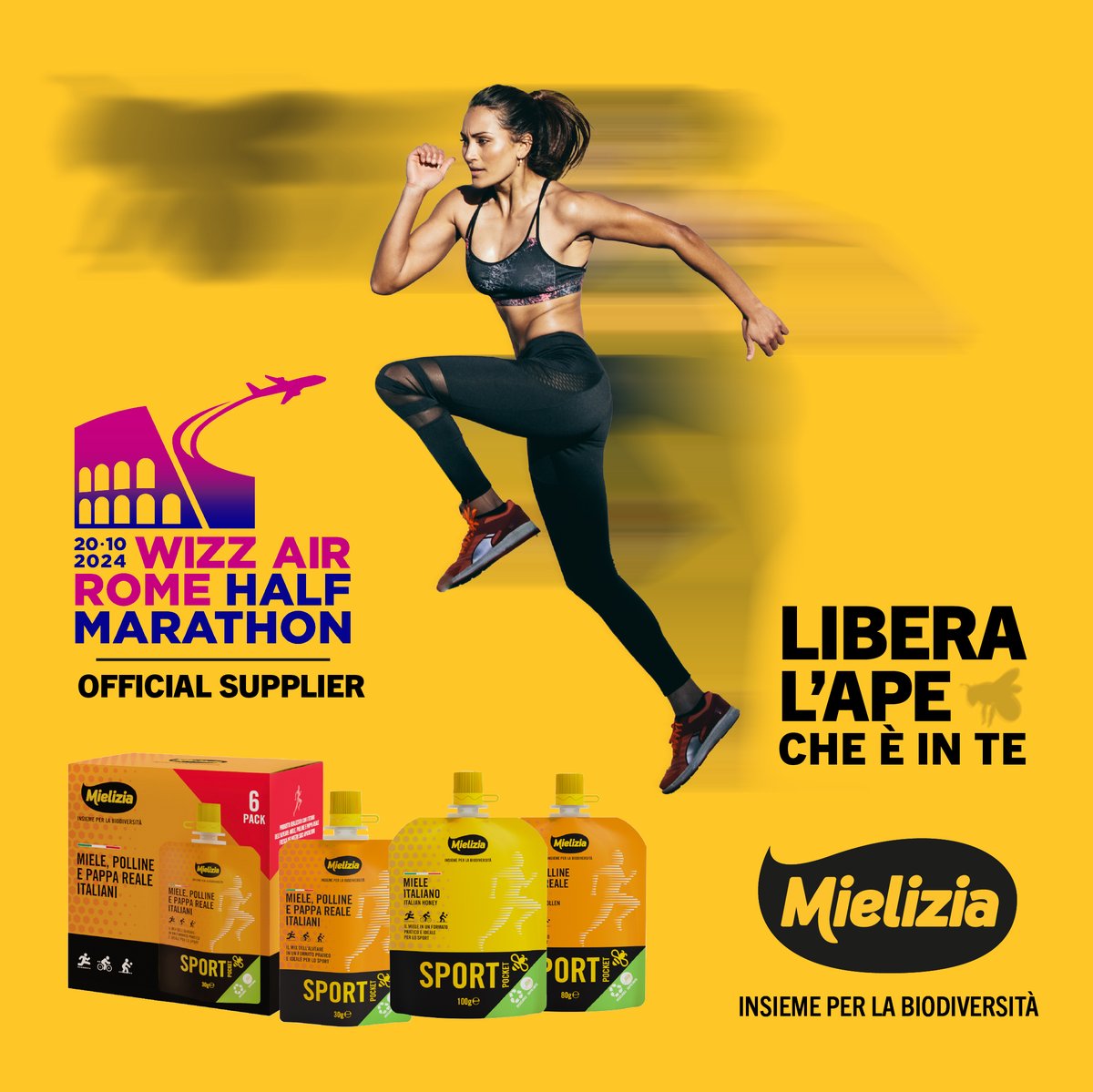 🐝"Libera l'ape che è in te" è il messaggio che #Mielizia porta con sé, ispirato ai valori delle #api: cooperazione, resilienza, ma anche coraggio e tenacia. È per questo che abbiamo scelto di partecipare alla #RomeHalfMarathon come Official Supplier il 20/10. Vi aspettiamo!
