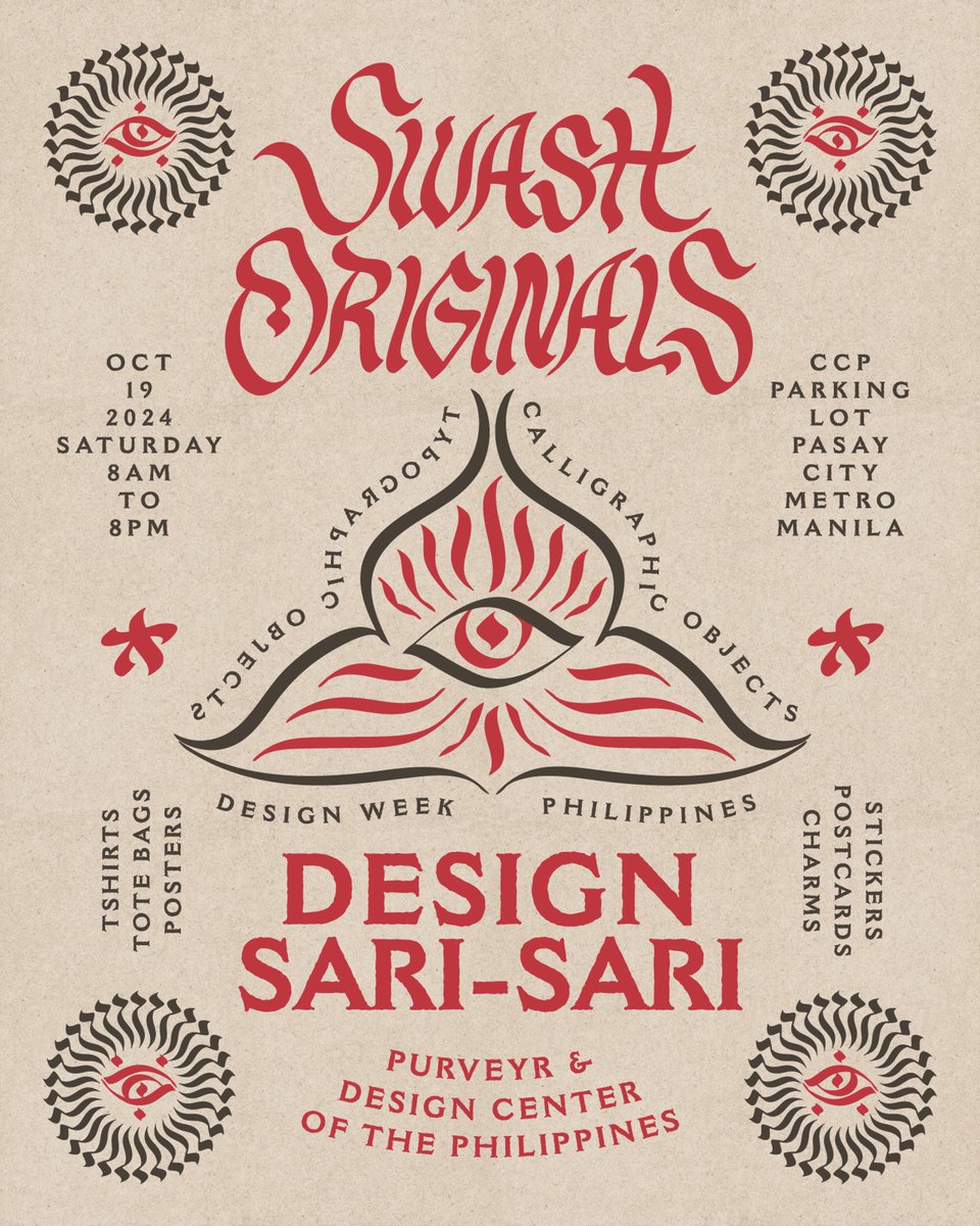 JethTorres's tweet image. Swash Originals calligraphic objects + Manila Middle Ground shirts will be available tomorrow at Design Sari-Sari, a marketplace organized by PURVEYR and Design Center of the Philippines for #DesignWeekPhilippines

October 19, 2024
8AM-8PM

📍CCP Parking Lot

$ee you!