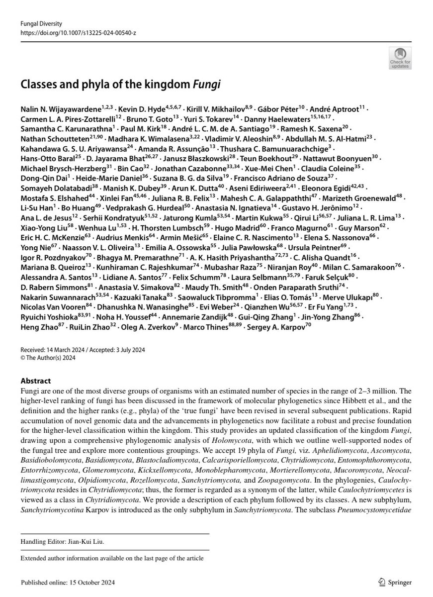 New paper out 🚨: 

Classes and phyla of the kingdom Fungi - published in Fungal Diversity. 

Here we accept 19 phyla of Fungi, resolving the classification of early divergent fungi. Check the amazing figures showing the beauty of Fungi!