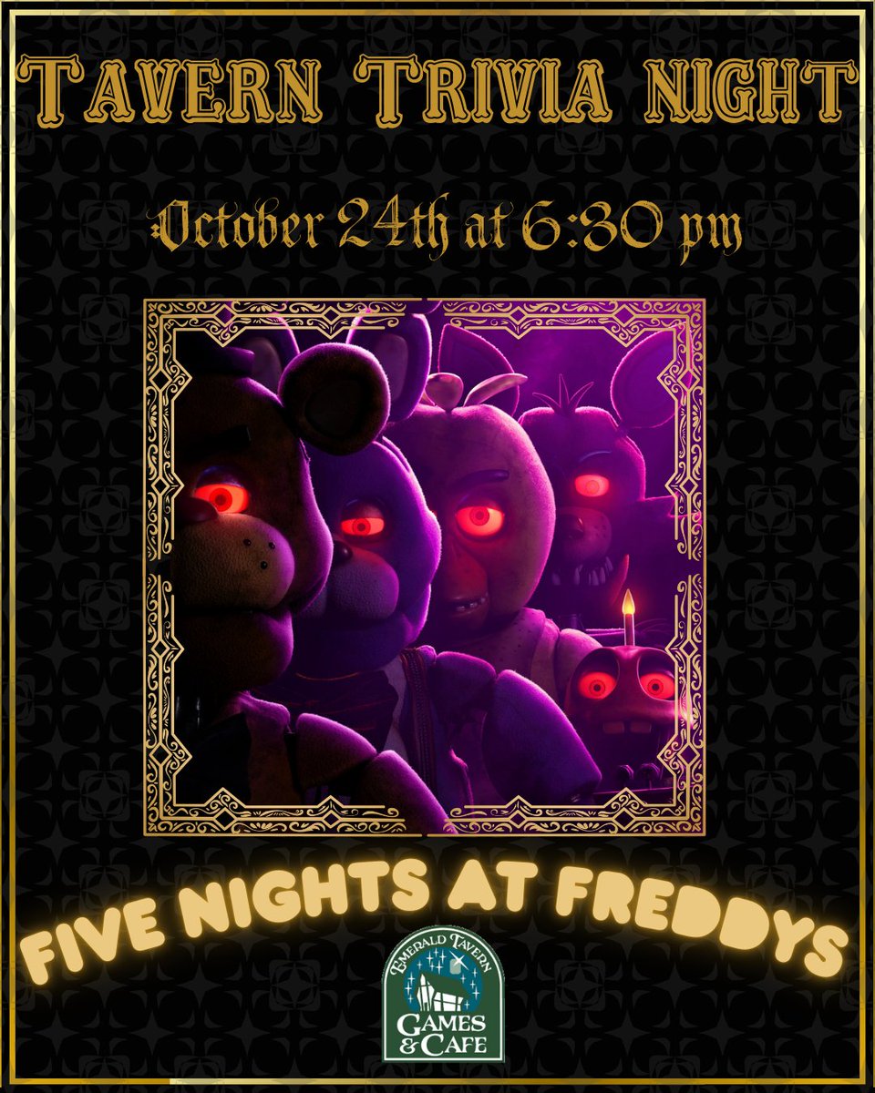 EmeraldTavern's tweet photo. Five Nights at Freddy's enthusiasts, this one is for you!

For all fans of all knowledge- we present the Five Nights at Freddy's Trivia event only at The Emerald Tavern! 

#atx #austintexas #austintx #austinsmallbusiness #emeraldtavern #austinhalloween https://t.co/eEcI2S7HE0