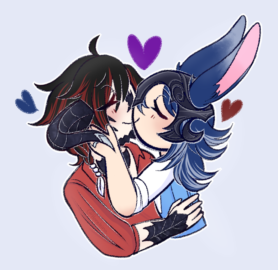 Honeleina's tweet photo. They smooch🥰

#wol #ffxiv https://t.co/6Fk8oD1DL1