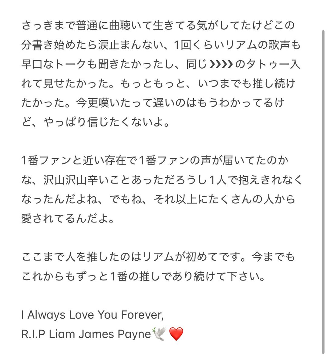 PERIN829's tweet photo. まだまだ心の穴は空いたまんまでなんの整理もついてないけどとりあえず感情吐き出した。
ほんとは信じたくないしこんなことも言うはずじゃなかった、Rest In Peace,Liam🕊❤️
ずっとずっと大好きだよ。 https://t.co/R0a6PTQRG4