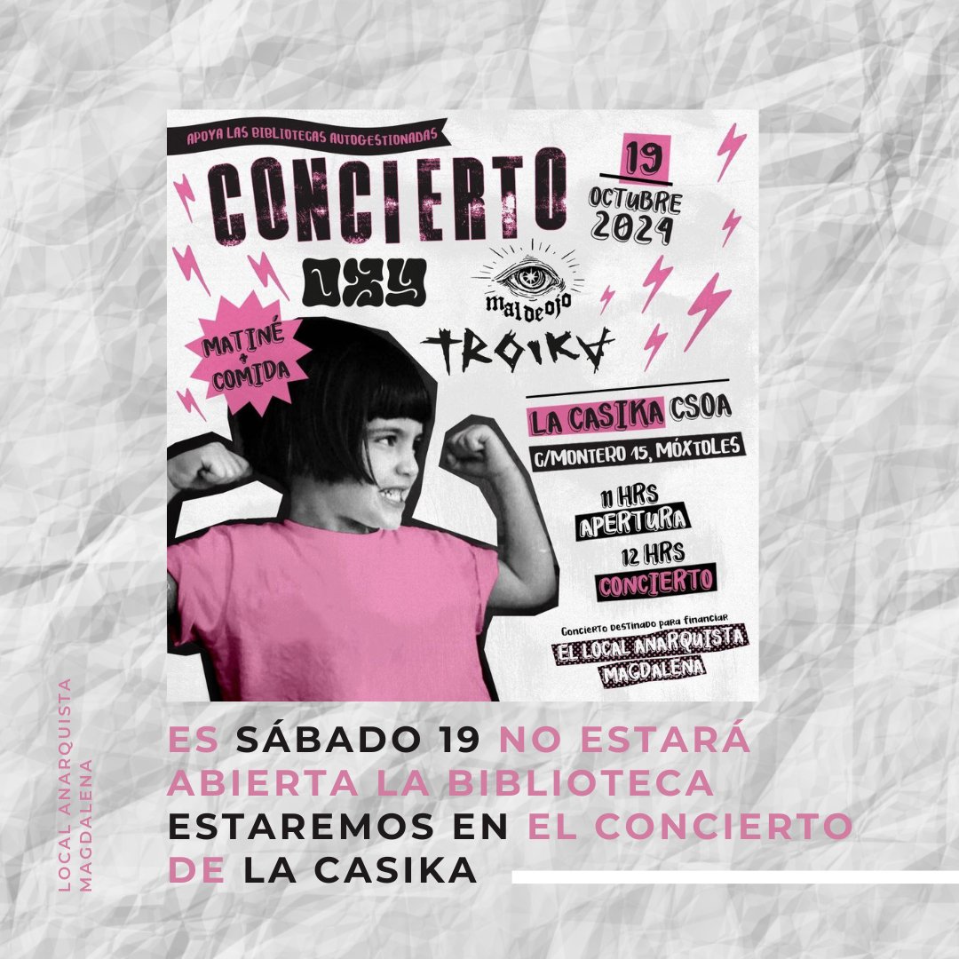 Mañana sábado 19 no abriremos la biblioteca, estaremos en La Casika en el concierto que montamos para financiar el local.

Abriremos a las 11 y los conciertos empiezan a las 12h con Oxy y Maldeojo. Troika finalmente no va a poder tocar. Y a las 14h será la comida.