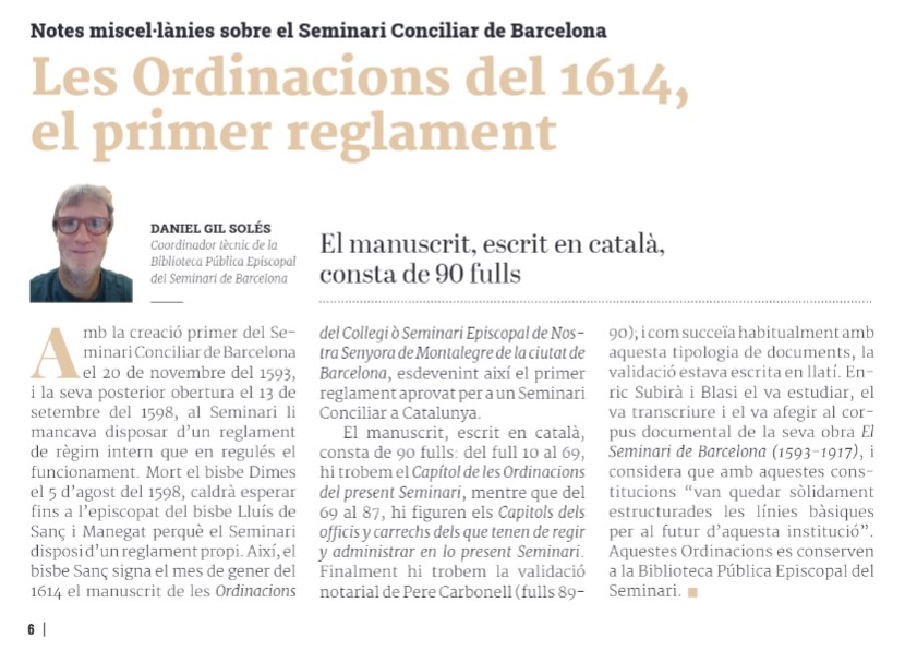 BiblioEpiscopal's tweet photo. Aquest mes d'octubre publiquem a @catcristiana un nou article, aquesta vegada sobre les Ordinacions del 1614, el primer reglament que tingué el @SeminariBcn https://t.co/oqyrM9POqf
