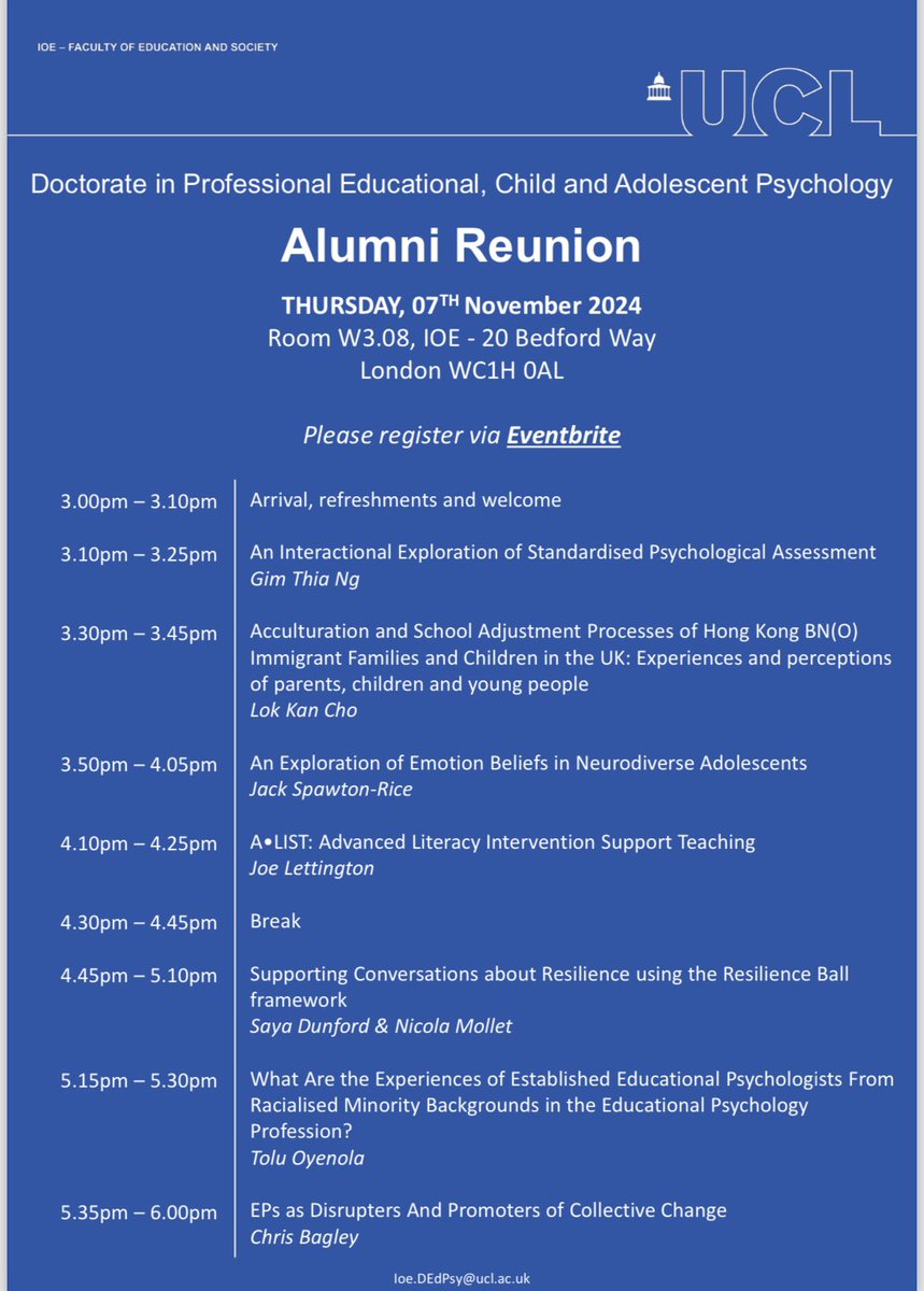 IOE UCL DEdPsy Alumni Reunion 🎉 CPD as well as an opportunity to catch up &amp; network :
3pm, 7th November 2024 @ IOE UCL

eventbrite.co.uk/e/ioe-dedpsy-a…

#TwitterEPs
