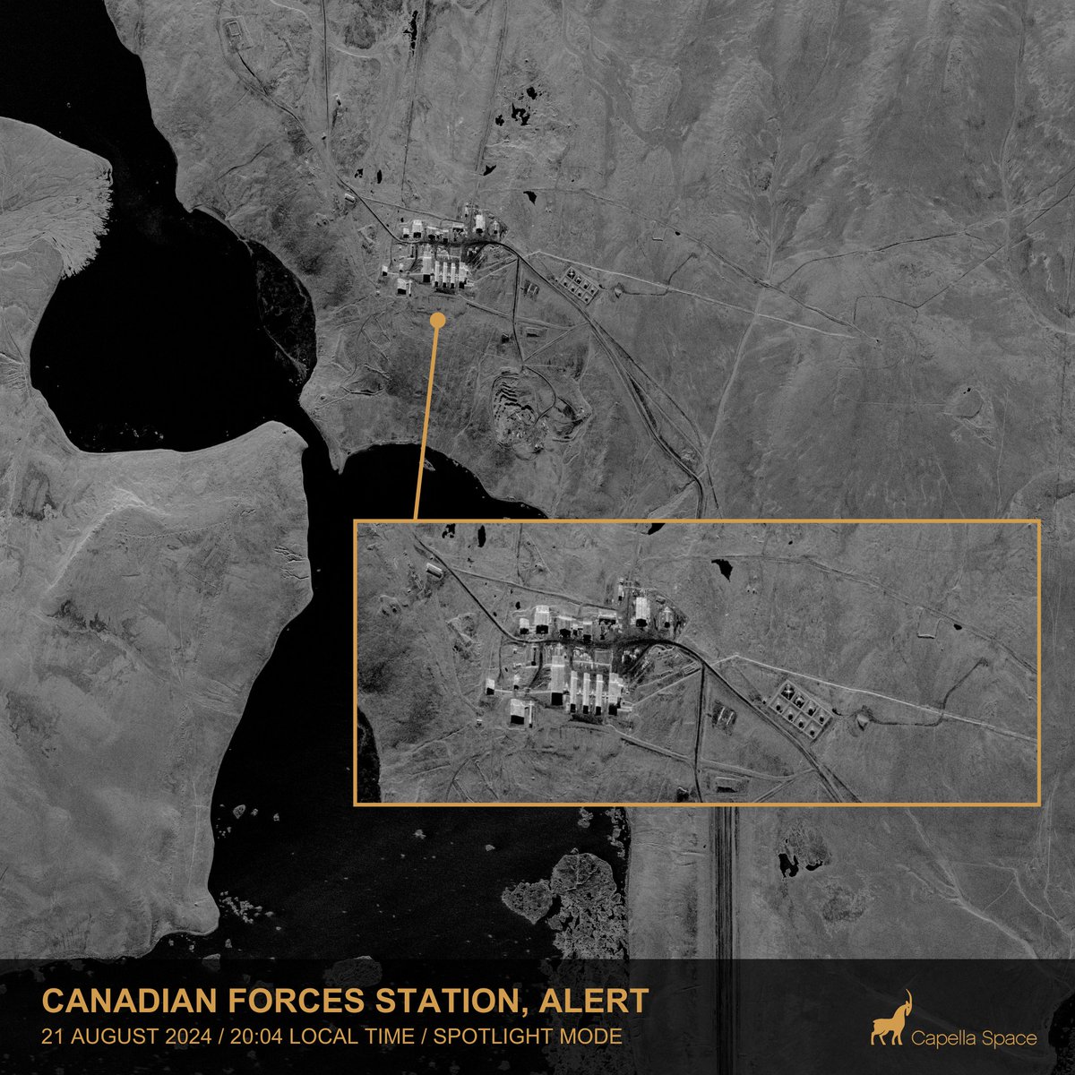 This images shows the northern most constantly inhabited place on earth. A Canadian Forces Station in Alert. The Wifi might be spotty but our images are crystal clear. 🛰️❄️

#SAR #CapellaSpace