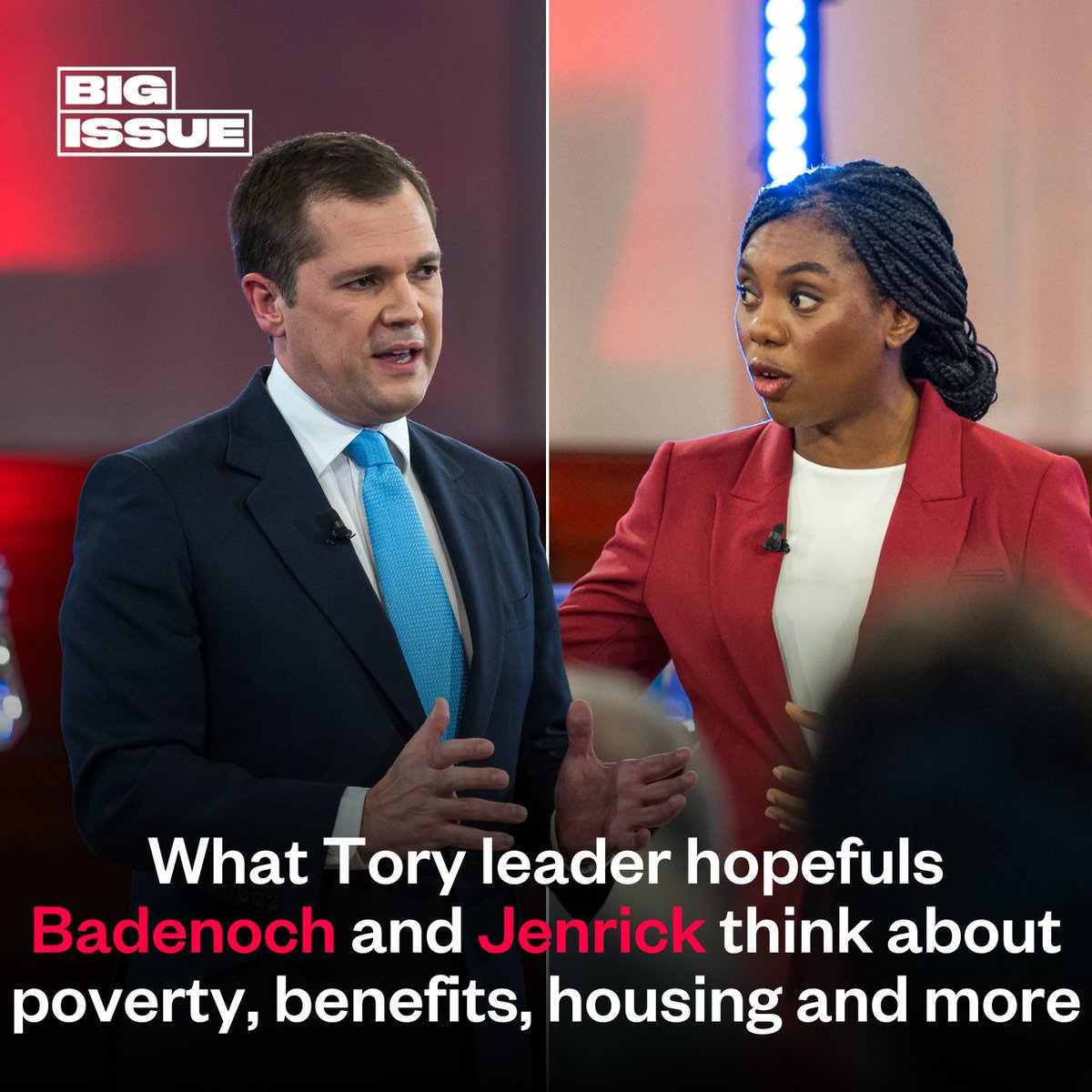 BigIssue's tweet photo. Either Kemi Badenoch or Robert Jenrick will become the next leader of the Conservative Party. 🗳️

Both candidates served as ministers in the previous government and weren’t shy about voicing their opinions. 🗨️

Here’s what they've said on key topics. ⬇️
https://t.co/JHKgPkAC0i https://t.co/VHt1cf2p6s