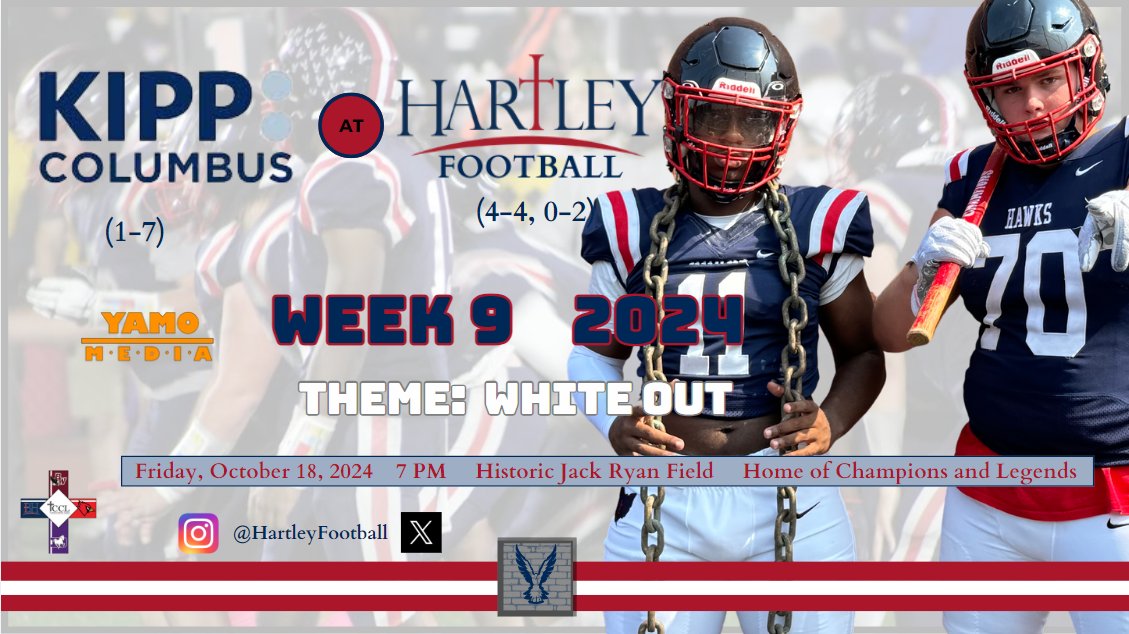 HartleyFootball's tweet photo. GAMEDAY! 🏈
🆚Kipp Columbus
🏟️Historic Jack Ryan Field
⏲️7:00
📻None
📺https://t.co/w25UdP51nE
🎟️https://t.co/PruYfsHWVJ
Theme ⚪️
#BrickByBrick #BTB #BeatKipp https://t.co/GdlNBIU88i