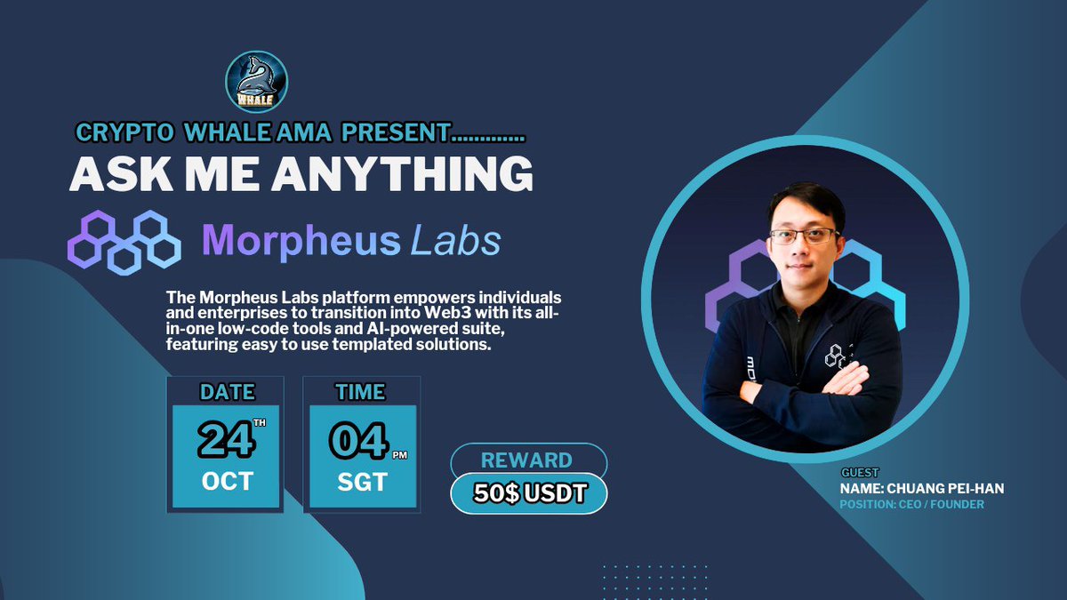 Crypto Whale Global (@cryptowhale1988) on Twitter photo 🎙️Join us for the Binance Live AMA series with #MorpheusLabs
🕰️ Date: 24th Oct ,4 PM SGT
🏆 Prize: 50 USDT
🏠 Venue: binance.com/en/live/u/2747…
〽️Rules:
1️⃣ Follow @Cryptowhale1988 & <a href="/morpheuslabs_io/">Morpheus Labs</a>
2️⃣ Like & RT
3️⃣ Comment your Questions (Max 3)
4️⃣ Tag 3 Friends 🎙️Join us for the Binance Live AMA series with #MorpheusLabs
🕰️ Date: 24th Oct ,4 PM SGT
🏆 Prize: 50 USDT
🏠 Venue: binance.com/en/live/u/2747…
〽️Rules:
1️⃣ Follow @Cryptowhale1988 & <a href="/morpheuslabs_io/">Morpheus Labs</a>
2️⃣ Like & RT
3️⃣ Comment your Questions (Max 3)
4️⃣ Tag 3 Friends