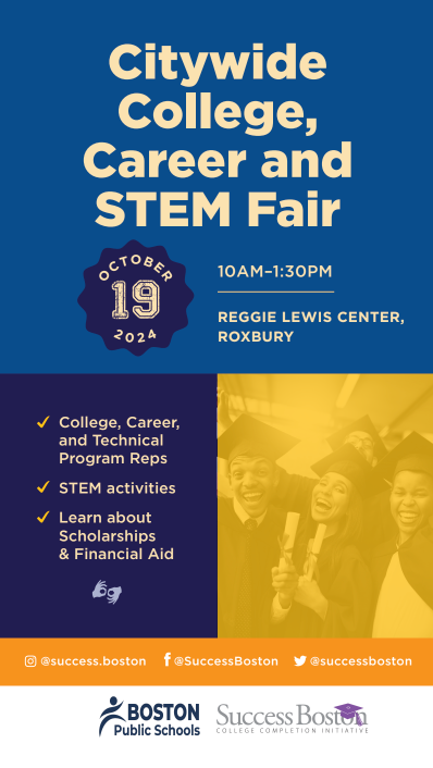Today is the DAY!! 🎉🎉 

Come to the Reggie Lewis Track and Athletic Center in Roxbury between 10 AM - 1:30 PM for the BPS <a href="/BostonSchools/">BostonPublicSchools</a> College, Career, and STEM Fair! 

Free to all, and every student from K-12 is invited. See you there!  

#Boston #BPSCollegeMonth