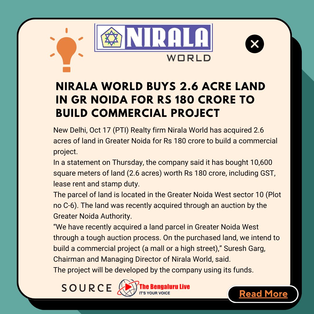 niralaES's tweet photo. Exciting times for the Indian real estate sector | Nirala World buys 2.6 acres of land in Greater Noida for Rs 180 crore to build a commercial project.
Stay tuned for more updates...

#realestate #realestateinvesting #investing #Economy #growth https://t.co/2ChMljYI3g