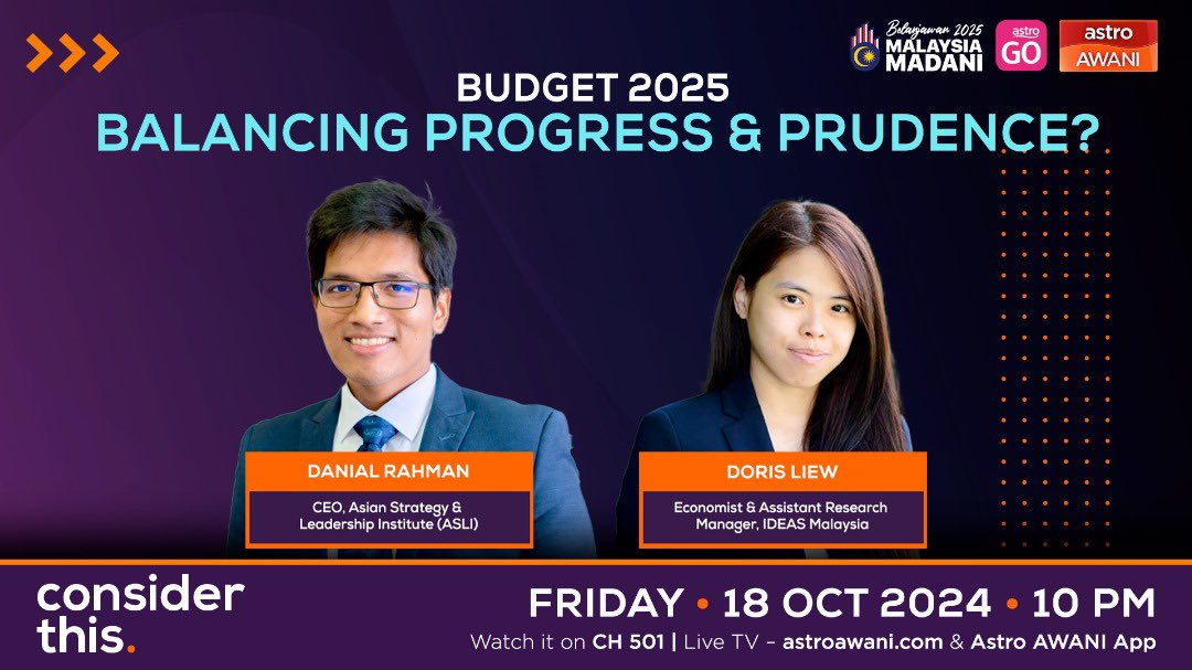 Budget 2025 has been unveiled—now the crucial evaluation begins. What does this budget get right, and where did it fall short? Tonight on #ConsiderThis I ask <a href="/danial_ari/">Danial Rahman</a> <a href="/asli_myofficial/">Asian Strategy & Leadership Institute (ASLI)</a> &amp; <a href="/dorisliew_/">Doris Liew</a> <a href="/IDEASMalaysia/">IDEAS Malaysia</a> if #Belanjawan2025 successfully balances progress and prudence.