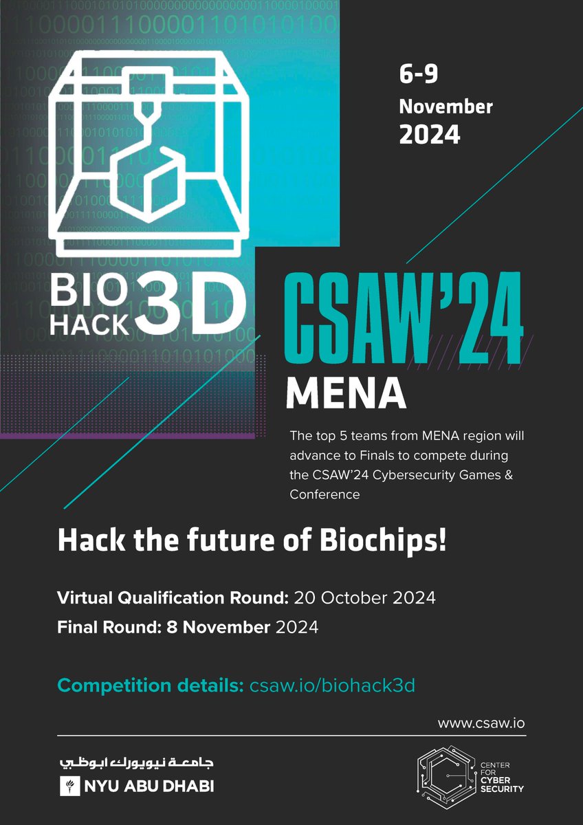 🚨 Deadline Alert! Are you a student/researcher passionate about AI, healthcare, and biochip security? 🧬🔐 Join us to push the boundaries of biochip and fingerprint authentication!
🗓️ Registration ends October 20th!
👉 Details: csaw.io/biohack3d
#CSAW24 
<a href="/CSAW_NYUAD/">CSAW MENA</a>