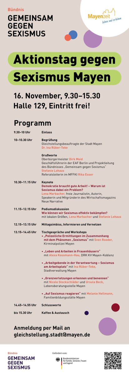 📅 Am 16. November findet wieder ein „#Aktionstag gegen Sexismus“ statt – dieses Mal in Kooperation mit der Stadt #Mayen. Die Anmeldung erfolgt per Mail an gleichstellung.stadt@mayen.de 

💡 Weitere Infos unter: mayen.de/arbeiten-leben…

#gemeinsamgegensexismus