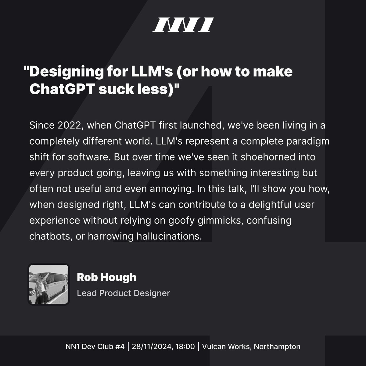 We have absolutely superb speakers aligned for our fourth event, Rob Hough and Tom Keeber. Register for free on our website, and we will see you on the 28th of November.

nn1.dev/events/4/

#meetup #Northampton