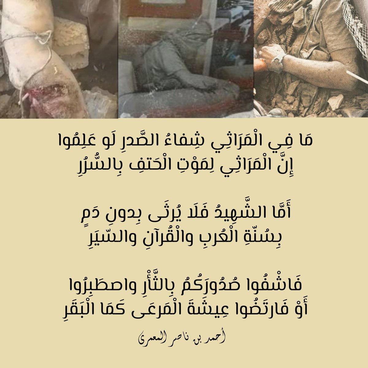 abu7harb's tweet photo. 🔻مَا فِي الْمَرَاثِي شِفَاءُ الصَّدْرِ لَو عَلِمُوا
إِنَّ الْمَرَاثِي لِمَوْتِ الْحَتْفِ بِالسُّـرُرِ

أَمَّا الشَّهِيدُ فَلا يُرْثَى بِدُونِ دَمٍ
بِسُنّةِ الْعُربِ وَالْقُرَآنِ والسِّيَـرِ

فَاشْفُوا صُدُورَكُمُ بِالثَّأْرِ واصْطَبِـرُوا
أَوْ فَارْتَضُوا عِيشَةَ الْمَرْعَى كَمَا الْبَقَـرِ

أحمد بن ناصر بن ماجد المعمري
#السنوار 
#السنوار_شهيد_الأمة