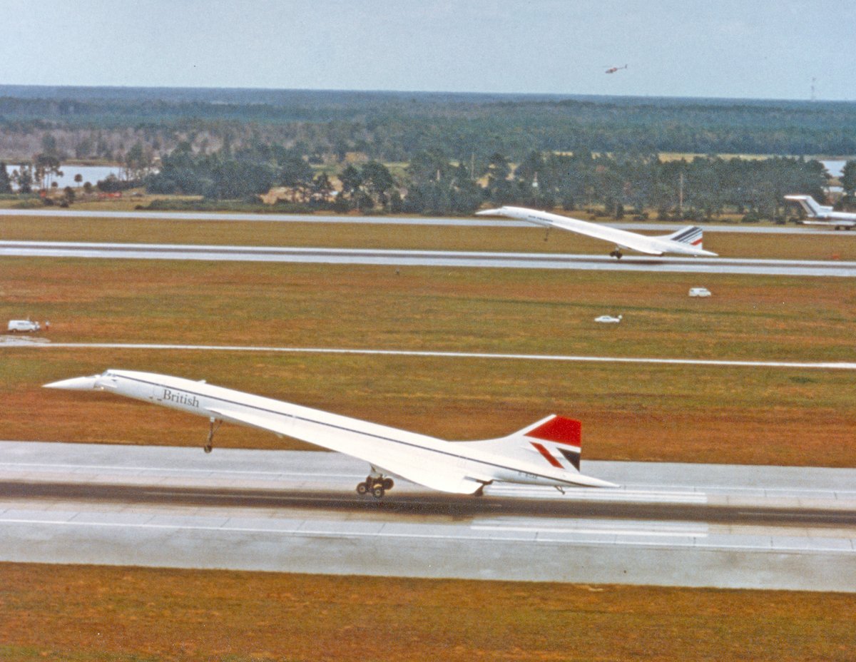 MCO's tweet photo. Today marks the 42nd anniversary of the historic dual Concorde landing by Air France and British Airways at MCO. 🛬 This iconic event commemorated the opening of EPCOT’s World Showcase, highlighting the France and United Kingdom pavilions.🎉 https://t.co/uz4yX8rUMA