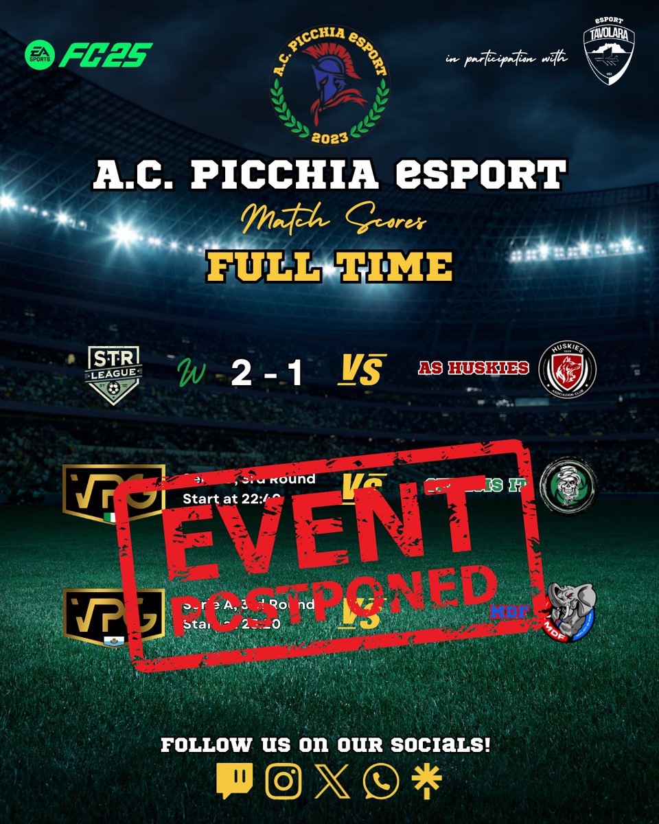 📢 MATCH SCORES

🏆 sTr League - Serie A
🆚 <a href="/ac_huskies/">AC Huskies</a>
✅ 2 - 1

⚽ 76' X-_-CrOwDs-_-X 
⚽ 88' Thomas4CAP
__________

🏆 <a href="/VPGItaly/">VPG Italy 🇮🇹</a> - Serie D
🆚 Genesis it
🔜 POSTPONED 
__________

🏆 <a href="/VPGSanMarino/">VPG San Marino 🇸🇲</a> - Serie A
🆚 @MDF_SpidibitCt
🔜 POSTPONED