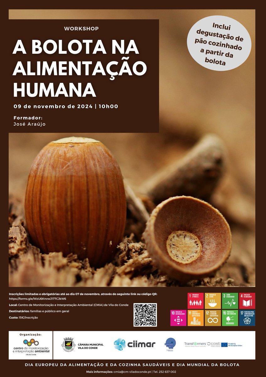 - Workshop presencial «A Bolota na alimentação humana»
- 09 de novembro
- 10h00

A inscrição tem um custo de 15€ por participante e deve ser feita em:  forms.gle/WzU6KnvwJ177CJ…

Público-alvo: Famílias e público em geral

#CMIAViladoConde #CMIA #ViladoConde #CIIMAR #CMViladoConde