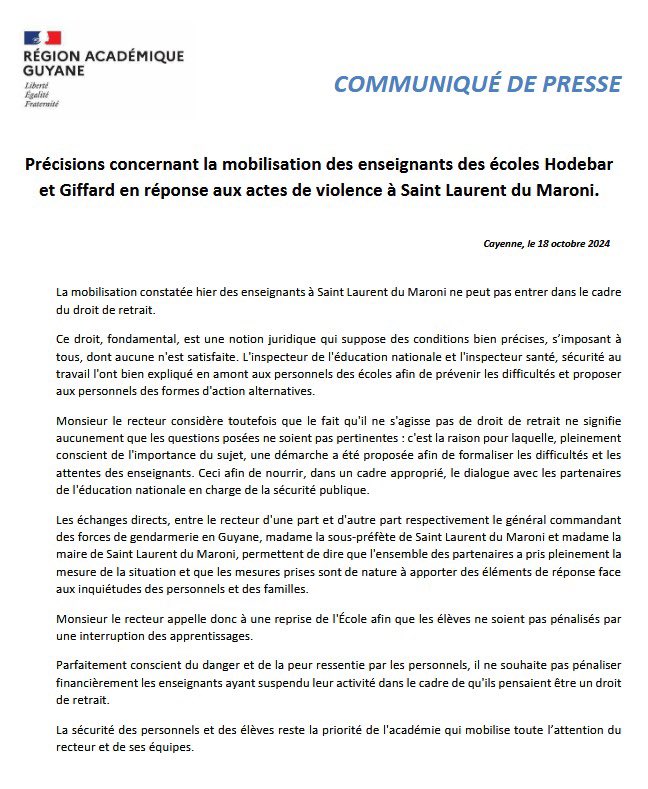 [COMMUNIQUÉ DE PRESSE]

▶️ Précisions concernant la mobilisation des enseignants des écoles Hodebar et Giffard en réponse aux actes de violence à Saint Laurent du Maroni