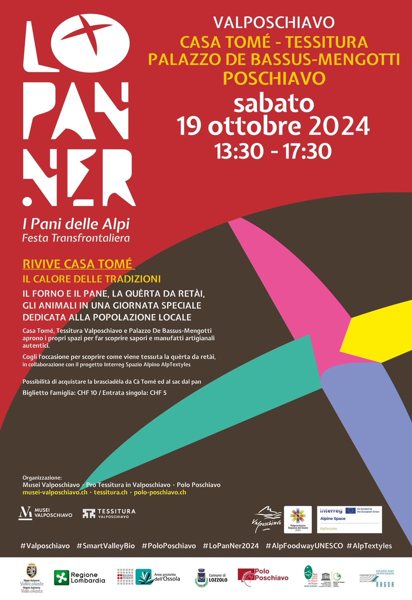 Torna in #Valposchiavo la Festa del Pan Ner 2024! 🍞 Un viaggio nelle tradizioni alpine, tra il sapore autentico della brasciadèla poschiavina e la riscoperta della quèrta da retài 🧶, l’antica “coperta di ritagli” tessuta a mano.

#lopanner2024 #AlpFoodwayUNESCO #AlpTextyles