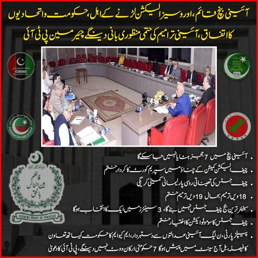 daily_khabrain's tweet photo. آئینی بنچ قائم ،اور وسیز الیکشن لڑنے کے اہل، حکومت واتحادیوں کا اتفاق، آئینی ترامیم کی حتمی منظوری بانی دینگے چئیر مین پی ٹی آئی

#khabraindigital #constitutionalbench #electionseligibility #governmentagreement #allies #constitutionalamendments #pti #chairmanpti #finalapproval https://t.co/6GeCWCXh2A