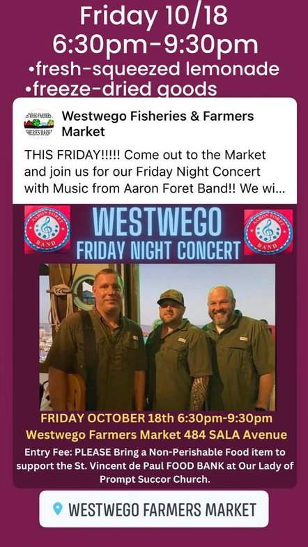 BayouPantry's tweet photo. Come visit us tonight in Westwego!

#Westwego #Louisiana #swamppop #farmersmarket #JeffersonParish https://t.co/z1PQJQLGEo