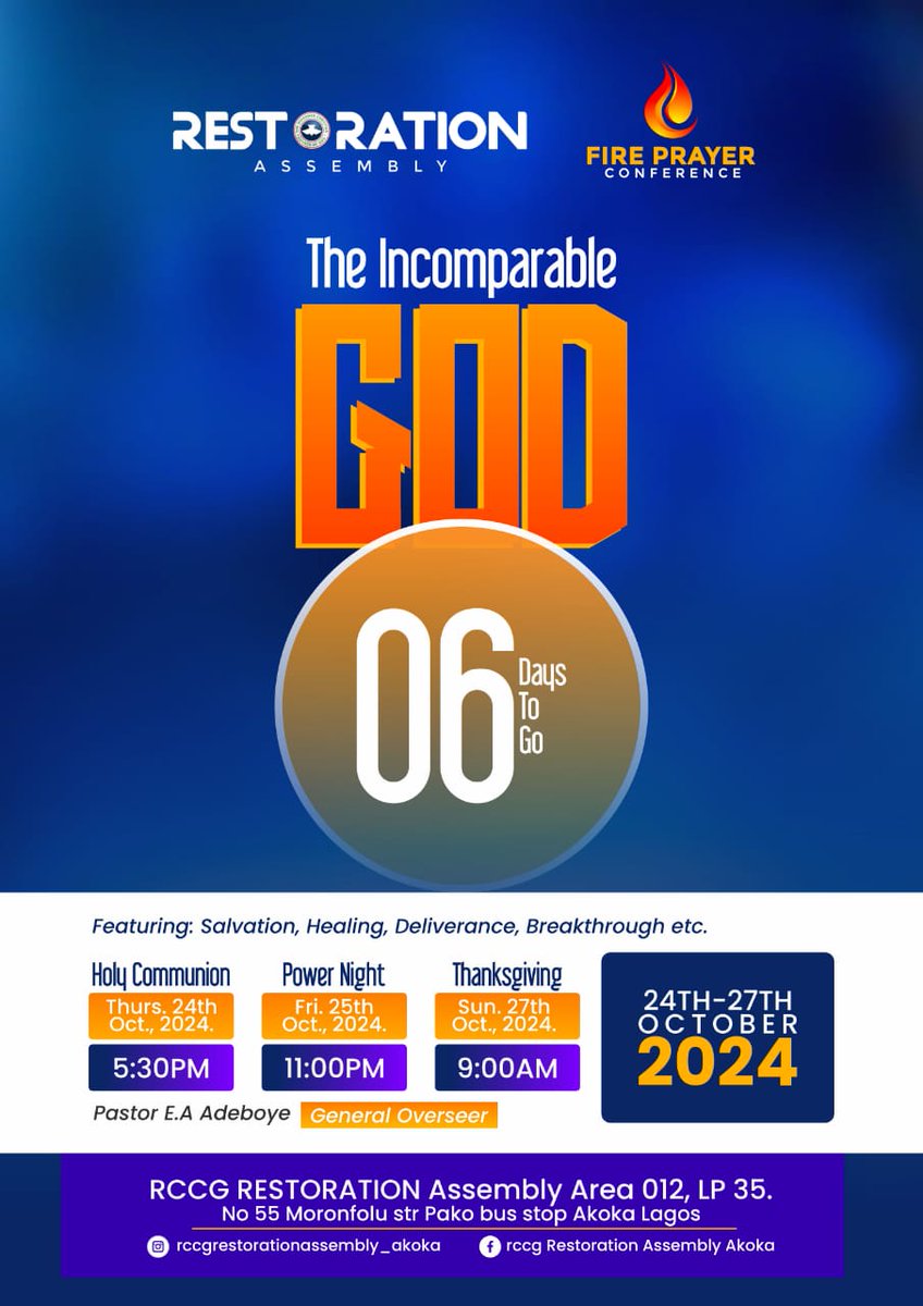 RCCGRA_AKOKA's tweet photo. Finally, the countdown has begun. It's 6 days to 2024 Fire Prayer Conference. It will be the best FPC ever. See you there #fpc2024 #IncomparableGod #FaithRenewed #BreakthroughMoments #Miracles #Faith #Worship #GodIsGreat #LifeTransformation #fireprayerconferene #fpc #rccgraakoka https://t.co/NGbWGe2wao