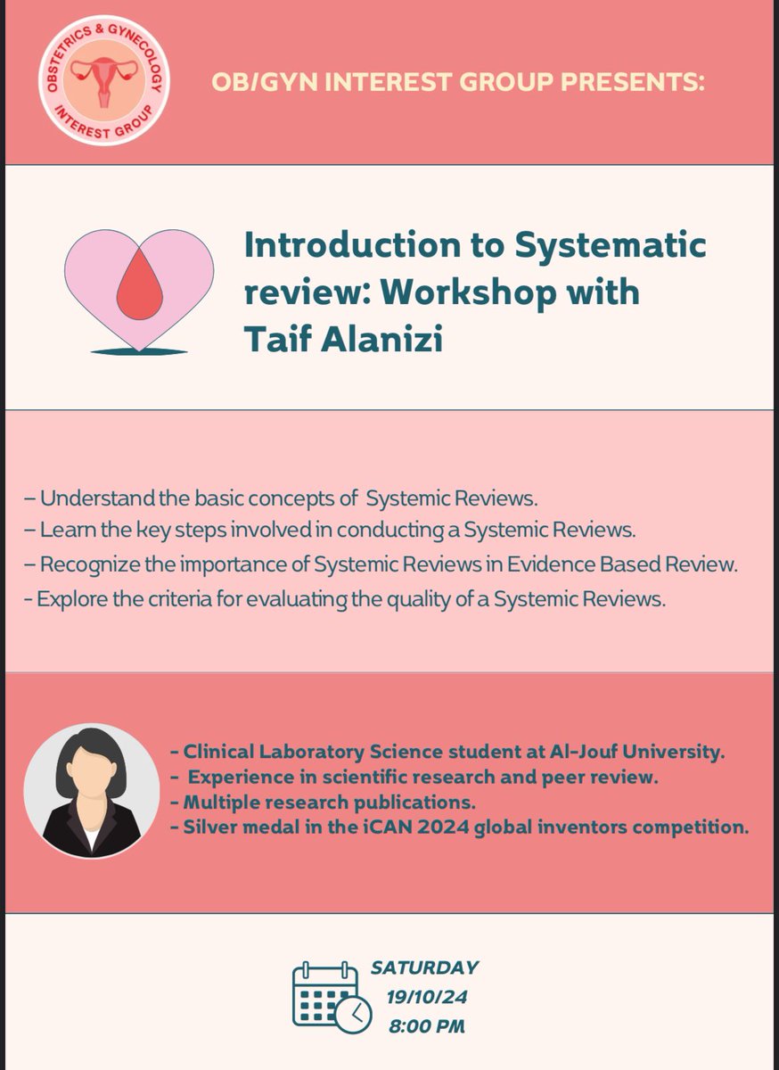ObgynG's tweet photo. An Introduction to Systematic Review workshop! Perfect for anyone diving into research. 
 📅 Saturday, October 19 | 8 PM 🔗 Zoom Link: https://t.co/d8q4AZiEXK

|Attendance certificates will be provided|
 Don’t miss out ! https://t.co/okX9S6Diyd
