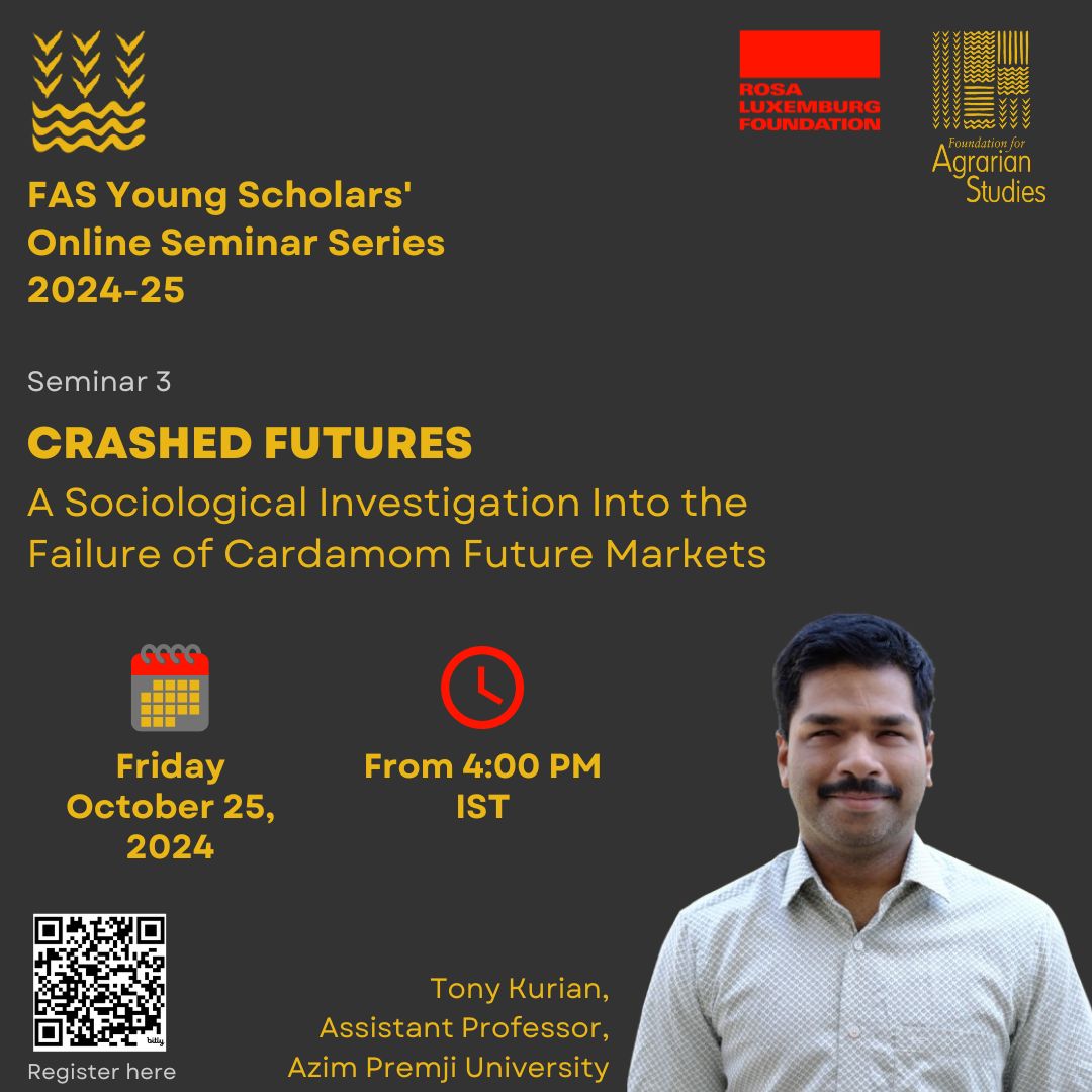 fasagristudies's tweet photo. The 3rd seminar of the FAS Young Scholars’ Online Seminar Series 2024-25 will be presented by @mtonykurian , Assistant professor, @azimpremjiuniv , on October 25, 2024 at 4 PM IST.

Register here to attend:
https://t.co/01ZLCGLPFq

To know more:
https://t.co/C3mGl8dP4y
1/3 https://t.co/JjoWoYsfeU
