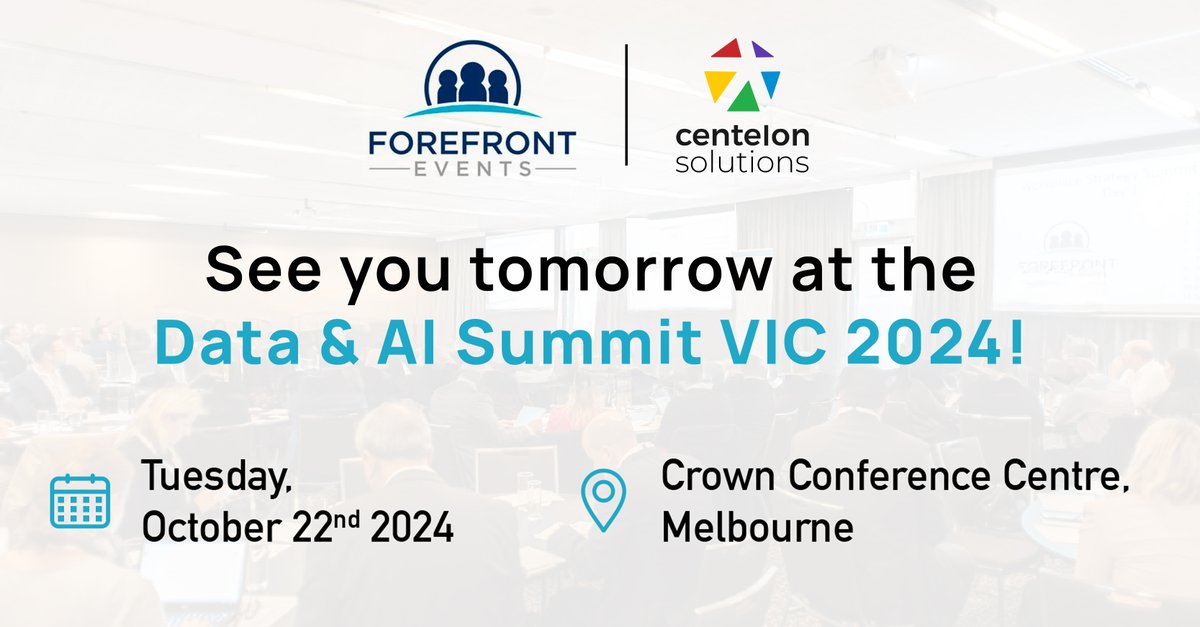 Centelon_ltd's tweet image. See you tomorrow at the Data &amp;amp; AI Summit VIC 2024, Melbourne.

Join us for insightful conversations on building a data-driven enterprise, data governance in the AI era, and driving a culture of data appreciation.

centelonsolutions.com/events/turn-da…

#centelonsolutions #dataaisummit2024
