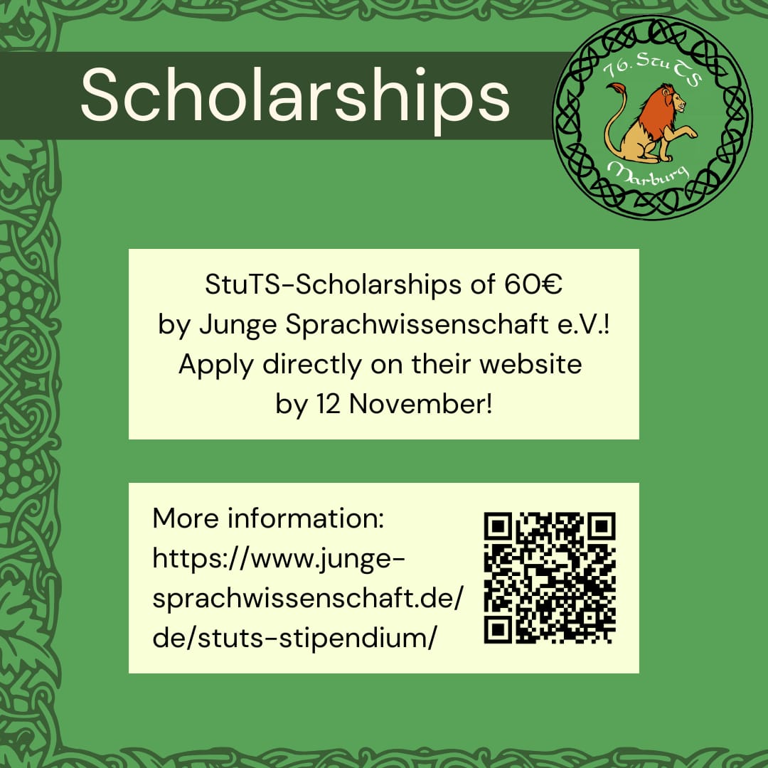 Thanks to the association Junge Sprachwissenschaft, presenters at the StuTS in Marburg can now apply for financial support (60€) at: 
🎓 junge-sprachwissenschaft.de/de/stuts-stipe… 🎓
You can also still apply for a scholarship on our website to help you with travel costs 😋